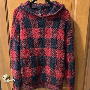 SKIMS Cozy Red and Black Plaid Cozy Hooded Pull Over